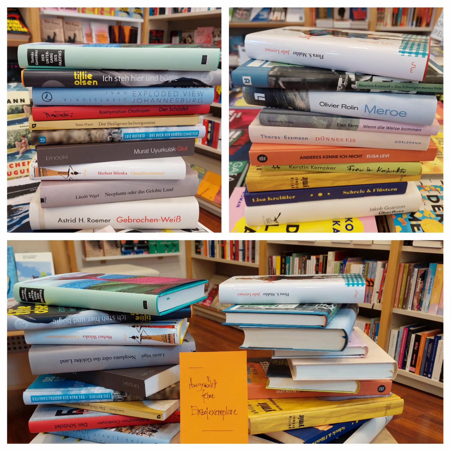 RAUS AUS DEN REGALEN 
Einsame Einzelexemplare hochgestapelt!
Gute Bücher aus #indiebook Verlagen
#unabhängigeverlage

Klaus Weise, Sommerleithe @elsinorverlag
Camilla Grudova , Alphabet der Puppen @culturbooks
Elen Fern, Wenn die Welse kommen @kommodeverlag
Julia Weber, Immer ist alles so schön @limmatverlag
Murat Uyurkulak, Glut #binokiverlag
Laszlo Vegel, Neoplanta @wieserverlag
Rakhymzhan Otarbayev, Der Schädel @dagyeli
Herbert Sklenka, Chamäleonhimmel @muerysalzmann
Luiz Ruffato, Das Buch der Unmöglichkeiten  @assoziation
Astrid Roemer, Gebrochen-Weiß @residenzverlag
Elisa Levi, Anderes kenne ich nicht @trabantenverlag
Annette Hug, Tiefelager @daswunderhorn
Frank Brendel, Kriechtiere @punktum_buecher
Sama Mani, Der Heiligenscheinorgasmus @dravaverlag
Flora Mahler, Julie Leyroux @muerysalzmann
Olivier Rolin, Meroe @liebeskindverlag
Belinda Kanone, Auf einem dünnen Seil
Katharin Bendixen, Eine zeitgemäße Form der Liebe @edition_nautilus
Pilip Krömer, Ymir @homunculusverlag
Jakob Guanzon, Überfluss @elstersalis
JEDEN WOCHE bei uns #wocheunabhängigerbuchhandlungen 
#wub25 #unabhängiglesen #buchempfehlungen #sommerlesen
#leseempfehlungen